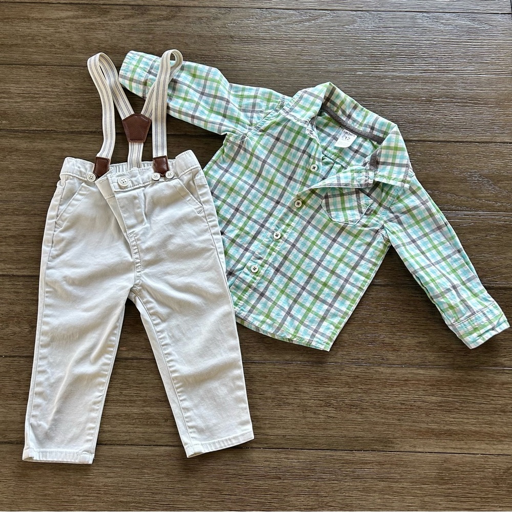 Baby Boy Plaid Shirt and Cream Pants Set 12M